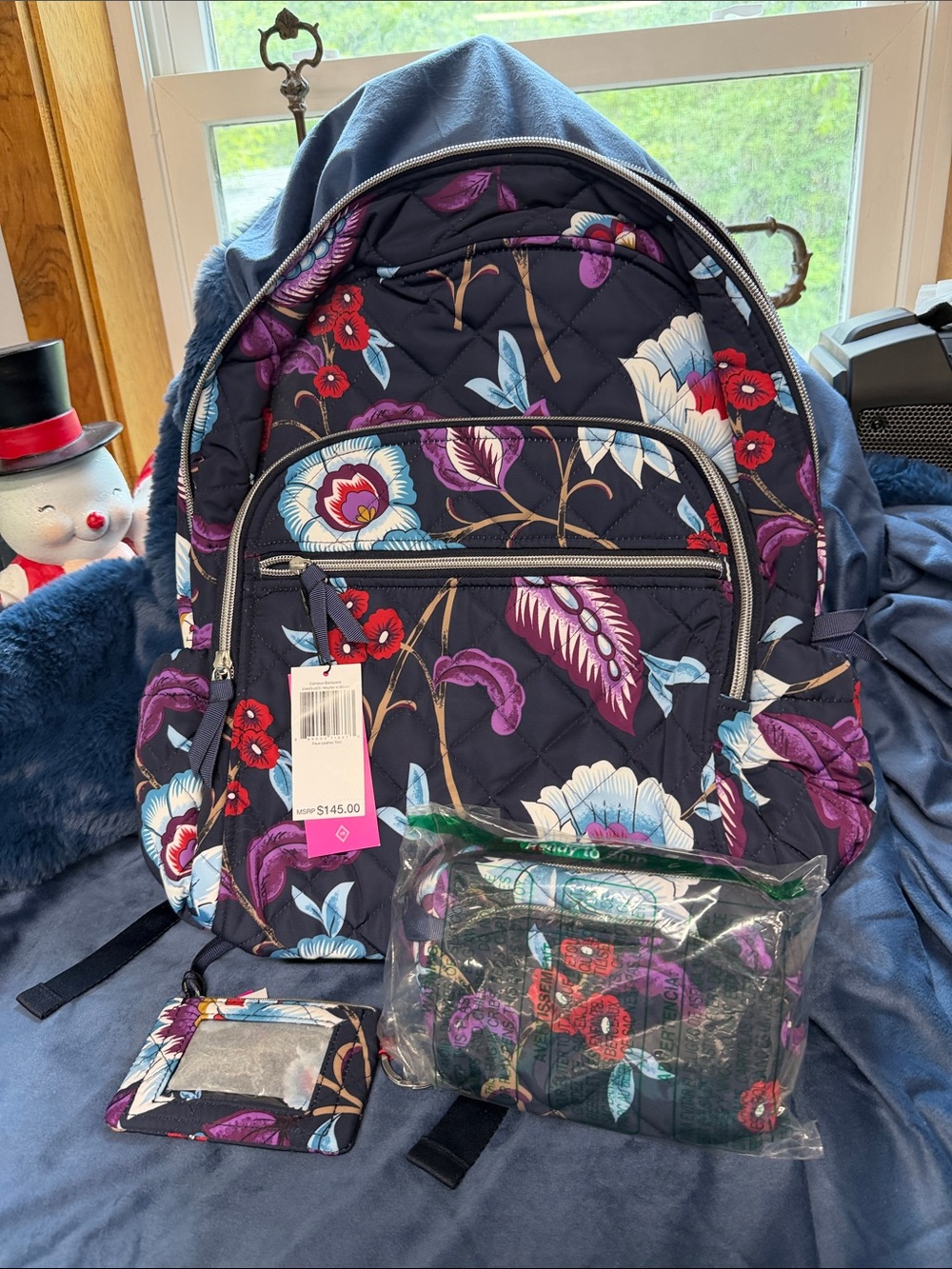 Vera Bradley Navy Floral Quilted Backpack with Purple, Red & Light Blue Accents